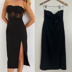 NWOT Exquisitely Sultry Black Lace Strapless Bustier Midi Dress